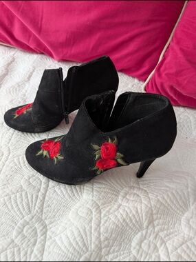 Black Suede-Look Ankle Booties with Red Rose Embroidery